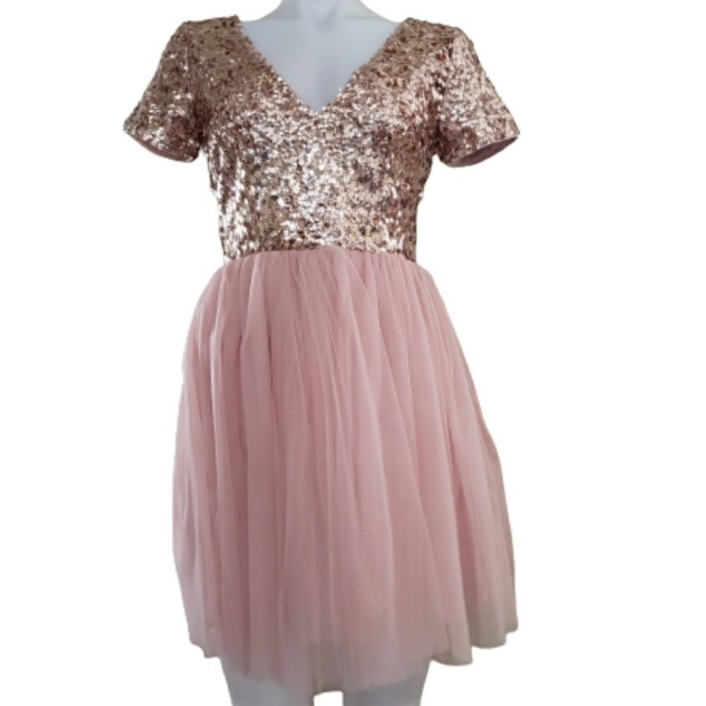 SAVED BY THE DRESS Dusty Rose Pink SequinTulle Zip Up Dress Small